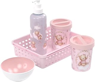 Kit Higiene Infantil 5 Peças Utilidade Organização Urso Rosa Perolado Menina - Plasútil Baby