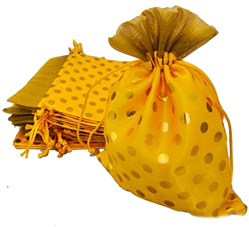 Image of 13CM X 18CM Small Drawstring Bags Pouches Potli for Gift Wedding Jewelry Packaging Bridal Party Favors for Women (25 pc Pack, Yellow Color Golden Polka Dot)