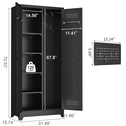 Image of Metal Locking Cabinet, 72.8 inch Tall Storage Cabinet for Broom, Garage Storage Cabinet with Doors and Shelves, Heavy Duty Tool Cabinet for Home Office, School, Basement,Gym