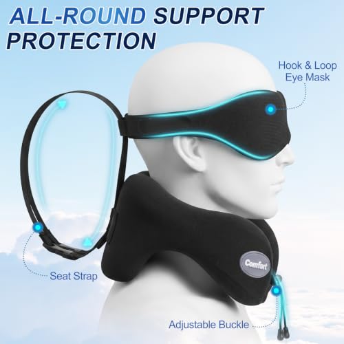Oreiller cervical de voyage avec masque pour les yeux et support de tête pour les longs vols, noir – Image 5