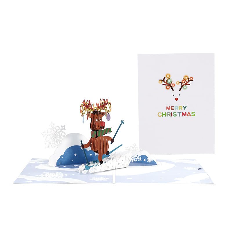 EFACEMER 2pcs 3D Pop Up Christmas Cards with Envelopes Festive Holiday Greeting Cards Featuring Christmas Skiing reindeer