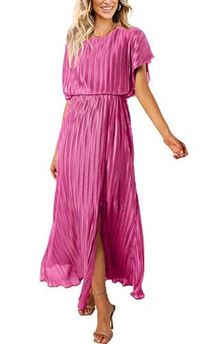 Image of ECOWISH Women Maxi Dresses Cocktail Party Wedding Guest Formal Pleated Long Dress Short Sleeve Slit Empire Waist Evening Gown