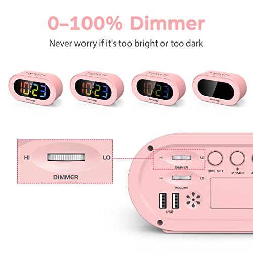 Reacher Pink Girls Alarm Clock, Dimmable Colorful Led Digital Display, Usb Phone Charger Port, Simple Operation For Kids, Adults, Adjustable Volume, Snooze, Small Size For Bedrooms, Bedside, Desk #TOP2