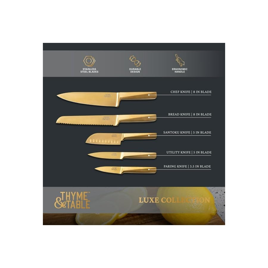 6-Piece Slim Acacia Knife Block Set With Gold Blades And White Accent Block, Affordable Knife Block Set Built To Last, Ergonomic Handles