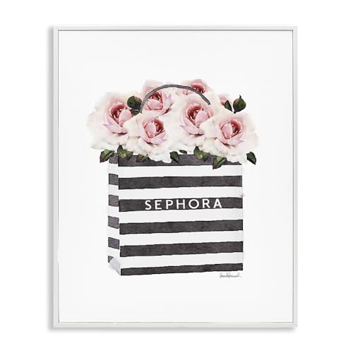 Stupell Industries 'Striped Makeup Shopping Bag Filled with Pink Roses', Framed Giclee Art, White, 11 x 14 Inches, Easy to Hang and Sturdy, Made in USA, by Amanda Greenwood