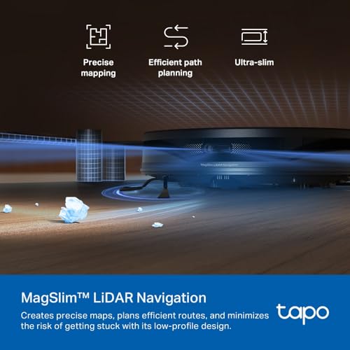 TP-Link Tapo RV20 Max Plus 5300 Pa Robot aspirateur et Balai à Franges avec Navigation LiDAR MagSlim™, Design Ultra-Fin, Station d'accueil à Vide Automatique, Nettoyage Intelligent Personnalisable et