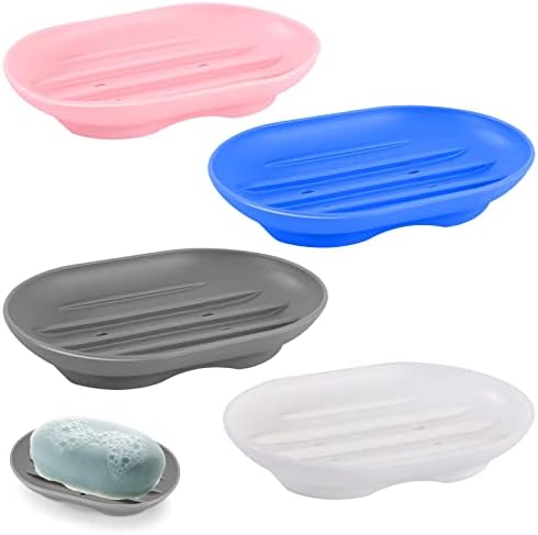 4 Pcs Silicone Soap Dish,Scettar Self Draining Soap Holder Portable Shower Soap Box for Soap Dish for Bathroom, Toilet, Sink, RV Countertop (White&Grey&Pink&Blue)