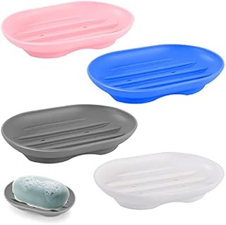 4 Pcs Silicone Soap Dish,Scettar Self Draining Soap Holder Portable Shower Soap Box for Soap Dish for Bathroom, Toilet, Sink, RV Countertop (White&Grey&Pink&Blue)