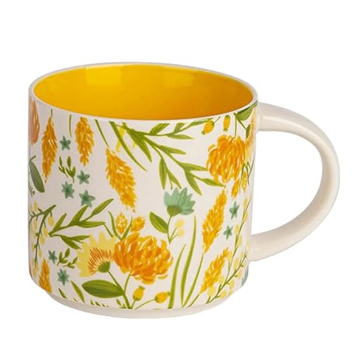 Caalio Ceramic Tea Cup Coffee Mug, Hand Painted, Vintage Flower Blossom Mug, Dishwasher Microwave Safe, Yellow - 15.8oz