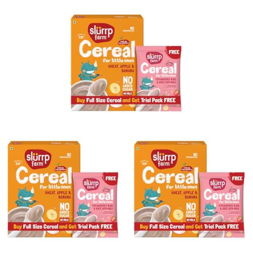 Image of Slurrp Farm No Added Sugar Instant Wheat Apple & Banana Cereal | Free Strawberry Cereal Trial Pack | 300g + Free 50g (Pack of 3)