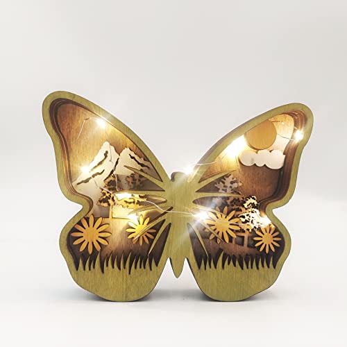 HBSGS Decoración de madera 3D para manualidades de animales, decoración creativa de animales del bosque con luz, silueta creativa tallada a mano para decoración del hogar (mariposa-18 x 14 x 3,2 cm)