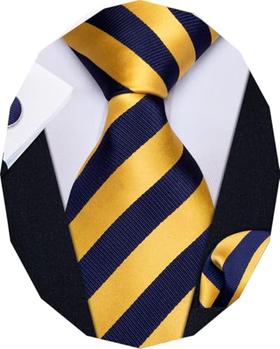 Image of YourTies Striped Ties for Men Classic Woven Silk Necktie with Handkerchief Cufflinks Set Formal Business Party Wedding