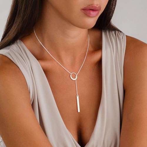 Lariat Gold Necklaces for Women Trendy Dainty Long Necklace 14k Gold Plated/Silver Layered Drop Beaded Chain Necklaces Y-shaped Pendant Necklace Simple Gold Jewelry Gifts2