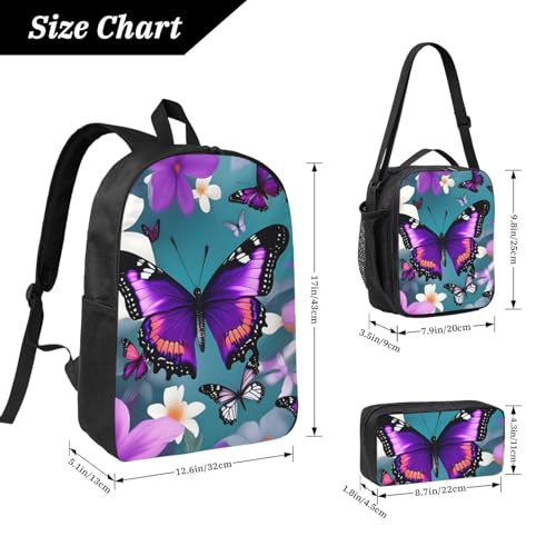 Purple Butterfly and Flowers print Backpack Bookbag for Daily Use,3 Pcs Backpack Set with Lunch Box and Pencil Case4