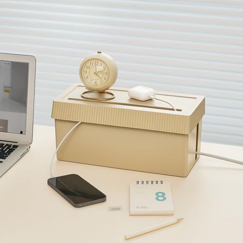 Image of Soko Cable Management Box with Mobile Stand | Cords Hider & Surge Protector | Concealer for Power Strips, Router, Gadget Wires Storage Organizer Tray for Desk, Table - Home, Office - Beige