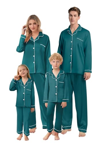 Schbbbta Family Matching Silk Pajamas Set Satin Long Sleeve Button Down Christmas Sleepwear Pj Set, Green, 11-12 Years
