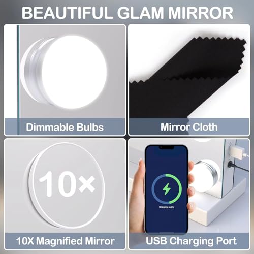 Large Hollywood Vanity Makeup Mirror with Lights, 10X Magnification, and USB Charger - Tabletop or Wall-Mounted, 22.8 x 18.2 Inches