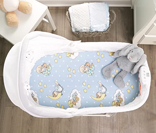 Image of Bassinet Sheets 2-Pack 100% Cotton Jersey Knit, Precious Moments and Solid Gray Fitted Sheets for Baby Boy Bassinet, Compatible with Brands Bassinet Bedside Co-Sleeper Lounger Oval Rectangle Mattress