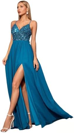 Women's Spaghetti Strap Sequin V Neck with Built-in Bra Contrast ...