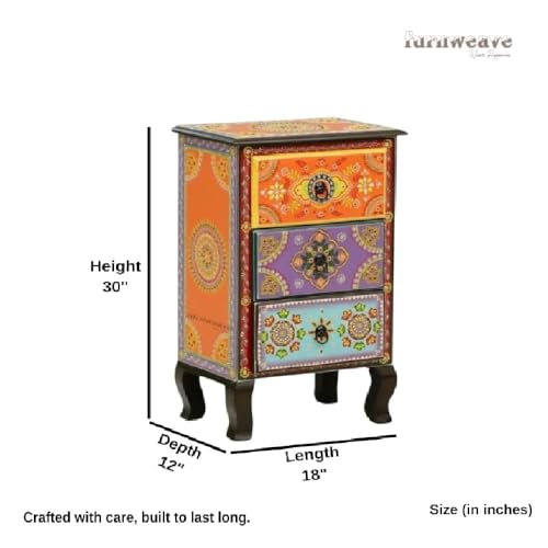 Image of FURNWEAVE Wooden Bedside Table for Bedroom | 3 Drawer Side Table | Handpainted Rajasthani Chest of Drawers | Solid Wood Small Bedside Table with Drawer Storage for Living Room (Multicolour-BS4)