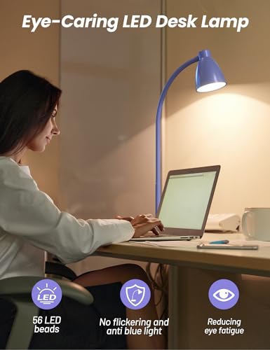 Image of BOHON LED Desk Lamp with USB Charging Port, 3 Color Modes Dim, Lilac Purple | Reading Lamp, Auto Dimming Task Lamp, Flexible Neck Table Light for Office Dorm Bedside, Adapter Include