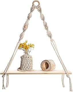 RelatoHolife Macrame Hanging Shelf Wall Bohemian Small Shelf Cotton Rope Wooden Handmade Hanging Rope Shelves for Living Room Bedroom Small Plants Decor(Single layer 4)