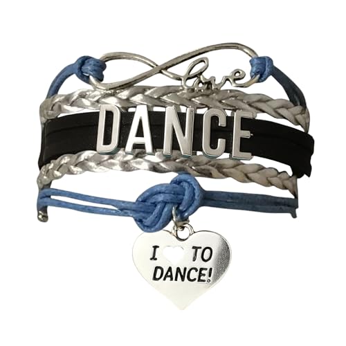 Love Dance Bracelet - Silver Black and Blue Braided Multi-Strand Adjustable Charm Bracelet with I Love to Dance Heart Pendant for Dancers