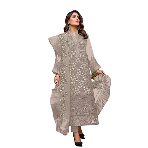Image of Miss Ethnik Women's Faux Georgette Semi Stitched Top With Unstitched Bottom and Nazmin Dupatta Embroidered Straight Kurta Dress Material (Pakistani Salwar Suit)