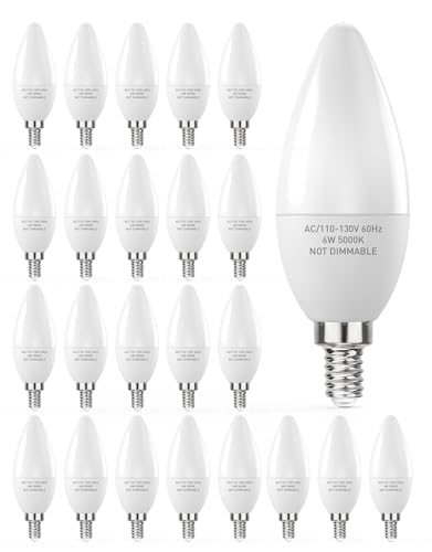 PARTPHONER E12 LED Light Bulbs B11 Candelabra Bulbs 60W Equivalent, Non-Dimmable 6W LED Candle Chandelier Bulb 600 Lumen, 5000K Daylight White, Pack of 24