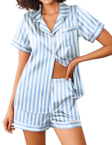 Ekouaer Womens Silk Satin Pajamas Sets 2 Piece Short Sleeve Sleepwear Button Down Top and Shorts Pjs Lounge Wear Sets S-XXL