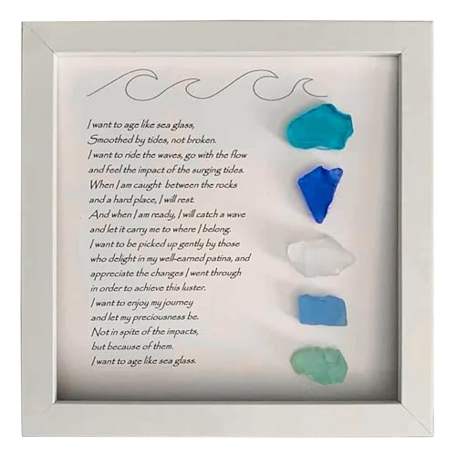 UQRUI Handmade Large Sea Glass Poem Sea Glass Poetic Colorful Stone Picture Frame Sea Glass Poem Art Framed I Want to Age like Sea Glass Poem Framed Sea Glass Gift (White Frame)