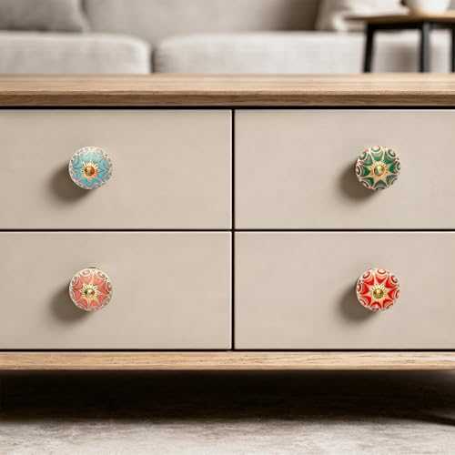 Image of Craft Trade Pack of 10 Round Golden Printed Ceramic Cabinet Knobs - Multicolor