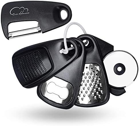 Kitchen Gadgets Set 5 Pieces, Space Saving Cooking Tools Kitchen Accessories - Fruit/Vegetable Peeler, Cheese/Chocolate Grater, Bottle Opener, Pizza Cutter, Garlic/Ginger Grinder Gift Set (Black)