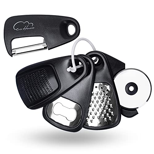Kitchen Gadgets Set 5 Pieces, Space Saving Cooking Tools Kitchen Accessories – Fruit/Vegetable Peeler, Cheese/Chocolate Grater, Bottle Opener, Pizza Cutter, Garlic/Ginger Grinder Gift Set (Black)