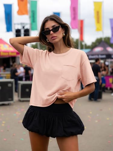 Image of ATHMILE Womens Crop Tops Workout Shirts Gym Oversized Spring Summer Basic Tees Short Sleeve Casual Loose Drop Shoulder 2026