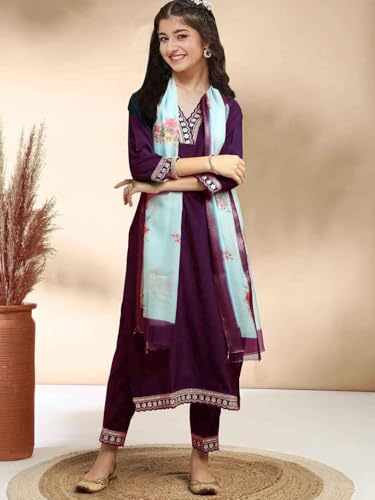 Image of Girls A-line Silk Embroidered Kurta and Pant Set with Dupatta for festive wedding and casual wear
