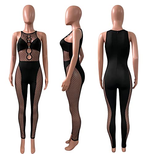 Doweha Womens Sexy One Piece Mesh Jumpsuit Summer Bodycon Hollow Out Party Club Rompers Rhinestone Up Polka Dot Outfit Black M #TOP3