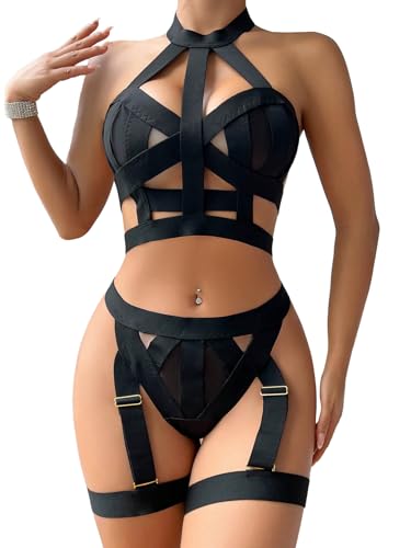 Lilosy Sexy Chocker Halter Cutout Strappy Rave Outfits Push Up Garter Belt Women Mesh Sheer Lingerie Set Harness Bra Panty
