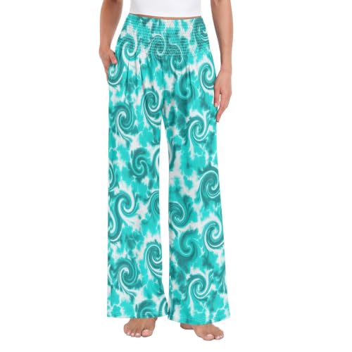 Pantalon palazzo blanc et bleu sarcelle à jambes larges et taille haute smockée