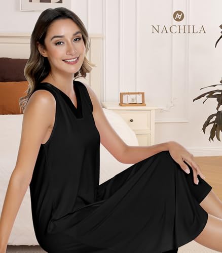 Image of NACHILA Women's Nightgowns-Viscose Made from Bamboo,Sleeveless Tank Night Gown Crew Neck Sleep Dress Cool Sleepshirts
