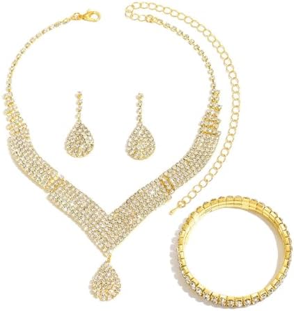XFSRG 3-delige sieradenset voor dames, halsketting, oorbellen en armband met strasssteentjes, elegante sieradenset, accessoires voor avondjurken, ceremonie, modieus cadeau, Eén maat, Metaal, Kristal