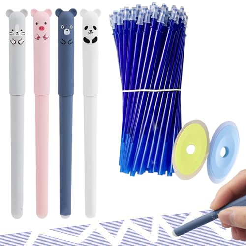 KUMSODE Lot de 4 stylos gel effaçables avec 50 mines de rechang et 2 gomme, pointe de 0,5 mm, hauteur 13 cm, stylo effacables, bleu