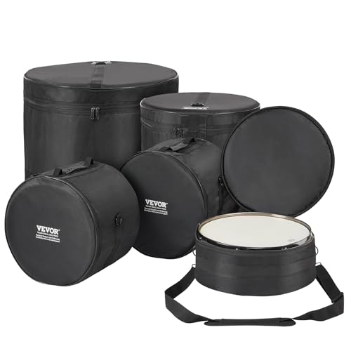 VEVOR 5-Piece Drum Bag Kit, Durable 1680D Oxford Drum Cases, Cushioned Cases with 1.5m Removable Shoulder Strap and Carry Handles, Collapsible, Fits 22'' Bass, 12''/13''/16'' Toms, 14'' Snare