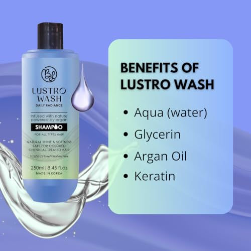 Image of Professional Lustro Wash Daily Radiance Shampoo | Argan Oil Shampoo for Hair Growth, Dry, Frizzy & Damaged Hair | SLS /SLES & Paraben Free | Professional Salon Shampoo | 250ml