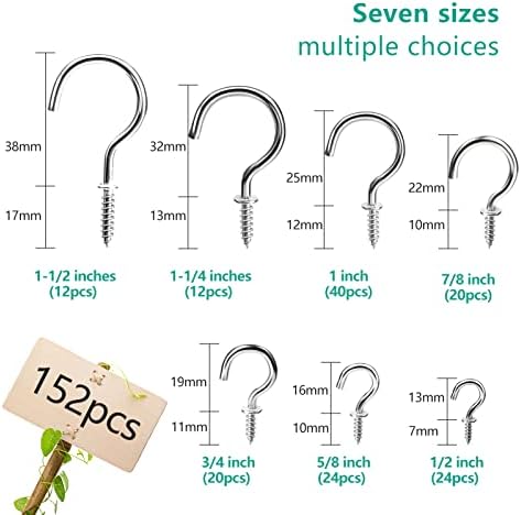 doesnotapply 152 Pieces Screw Hooks Heavy Duty Cup Hooks 7 Sizes Screw in Hooks for Wood Small Outdoor Hooks Metal Ceiling Hooks for Hanging Mugs Cups Plants Kitchen Garden Silver