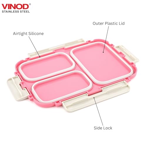 Image of Vinod GO-Tiffin Stainless Steel 3 Compartment Insulated Lunch Box | Pink | Leaf-Proof, Vacuum Sealed & Air Tight | Tiffin Box for Office, Kids & Adults | Freezer Safe | with Safety Lock