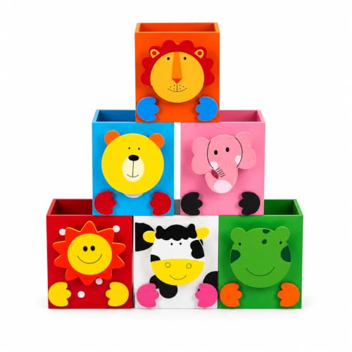 Image of GOLD LEAF Wooden Pen Stand with Square Shape DIY Craft Kit for Kids, Multicolor Birthday Return Gifts, Desk Organizer, Paintable Wooden Pencil Holder, Pack of 6 (Square)