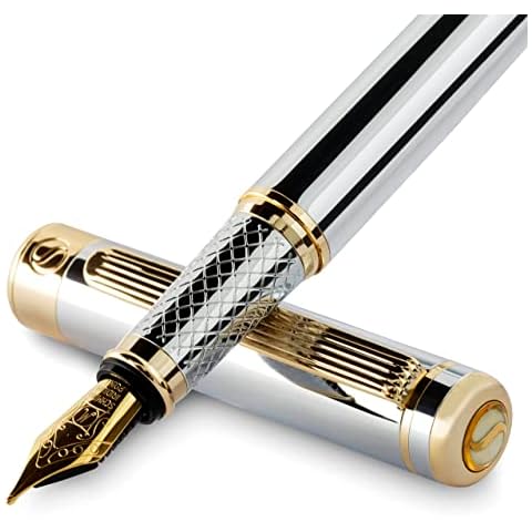 Pluma Estilográfica Plateada Scriveiner con Detalles de Oro Cover