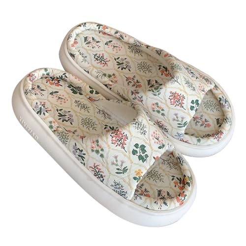 Flower Linen Slippers- Thick Sole Soft Indoor Outdoor Slippers for Women, Mute Linen Slides, Cute Slippers Womens Mens House Shoes, Cotton Linen Comfortable Bedroom Kawaii Cloud Slides