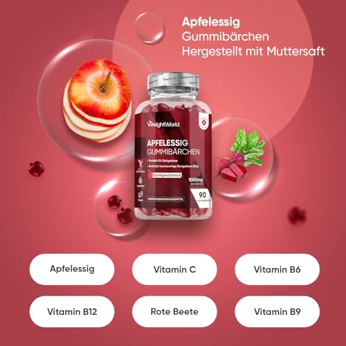 Apfelessig Gummies 1000mg - Mit Vitamin C, B12, B6, B9 (Folsäure) & Rote Beete - 90 vegane Gummibärchen mit Apfelgeschmack - Apple Cider Vinegar Gummies von WeightWorld